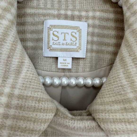 Sail to Sable Wool Blend Fringe Trim Double Breasted Plaid Coat in Cream Ivory - Picture 6 of 7
